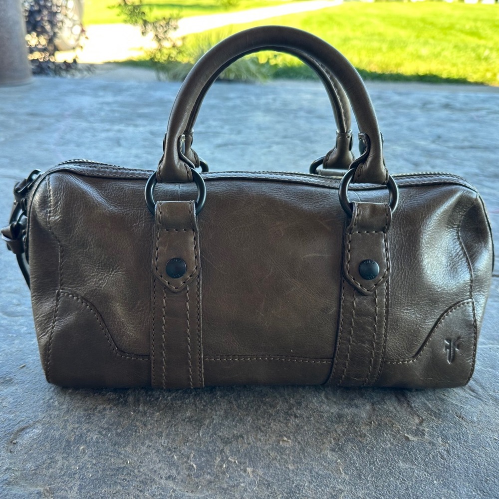 Frye Melissa Satchel Leather Barrel Bag Brown Olive Distressed Top Handle